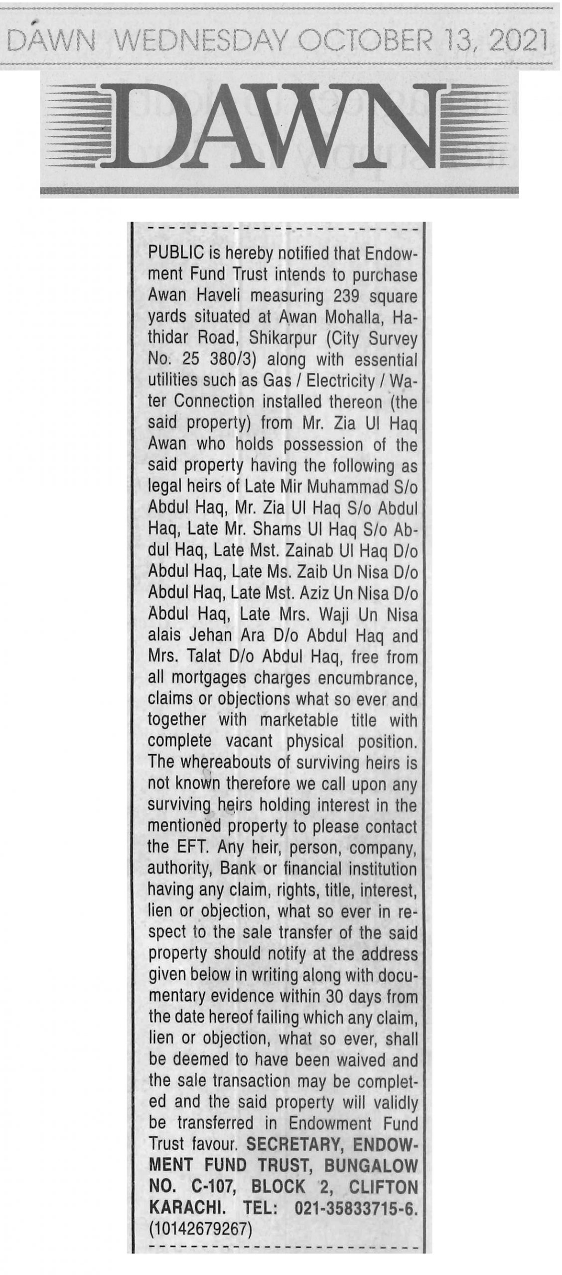 Public Notice published in Dawn